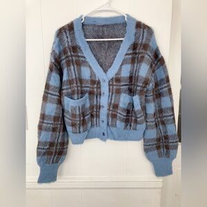 Plaid V-Neck Button-Up Sweater - Plaid fuzzy cropped Blue Cardigan Sweat…